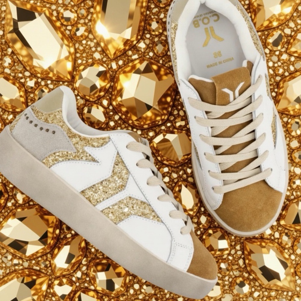 New C.O.B. Culture of Brave Play Gold Glitter Sneakers 8.5 Leather Rhinestone